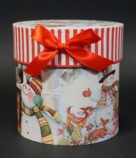 Merry Christmas Round Gift Box Vintage Snowman Bambi Deer
