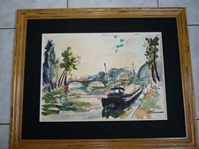 Antique painting drawing watercolor houseboat in Paris signed Pierre PATUREAU 1924-2020