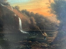Oil painting on canvas fishing fisherman river to identify landscape 19th century old