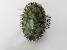 ANTIQUE SOLID SILVER OPENWORK STONE CABOCHON TURQUOISE CHALCOSIDERITE RING