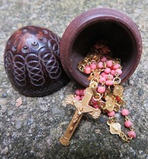 Antique GOLD PLATED & EGG CORAL MESH BEADS ROSARY CORROZO ROSARY Carved