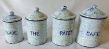 SERIES OF 4 ANTIQUE WHITE AND BLUE JASPER ENAMEL CANVAS KITCHEN POTS
