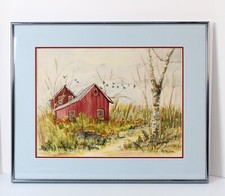 Vintage Red Barn Landscape Watercolor Painting Signed J. Durso