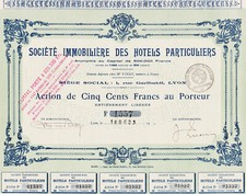 SOCIETE IMMOBILIERE DES HOTELS PARTICULIERS - 500 FRANCS SHARE - FRANCE LYON