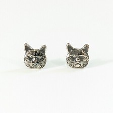 Silver Scottish Strait British Shorthair Cat Face Stud Earrings