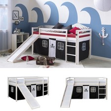 Lits superposés mezzanine Échelle Glissore Pin Massif Rideau Pirate Noir 90x200
