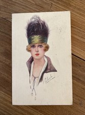 Carte postale F. COLOMBO Jolie Femme au turban à plumes Italie 1925