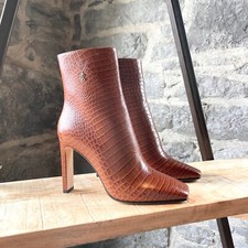 Jimmy Choo Brown Croc Embossed Minori Heeled Booties - SIZE 37.5 IT - 7.5 US