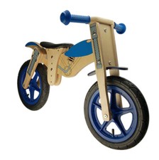 Velo sans pedale en bois "draisienne" 12" -style moto- bleu des 20 mois a 4 ans