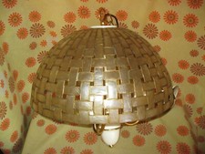 Vintage 70s Ancien LUSTRE SUSPENSION ABAT-JOUR 46x23cm LAITON et NACRE Lampe
