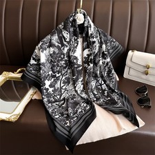 Luxury Black White Toile De Jouy Print Silk Scarf Shawl Wrap 35" Womens Scarves