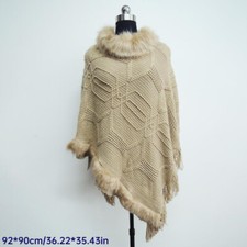Femme Tricot Poncho Cape Jacquard Châle Veste Fausse Fourrure Cape Écharpe Gland