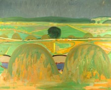 Hans Øllgaard (1911-1969). Huile sur toile. Paysage d'été danois moderniste