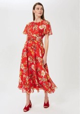 Hobbs Sarah Floral Print Midi Dress Party Cocktail Size UK 10 (US 6)  Flame Red