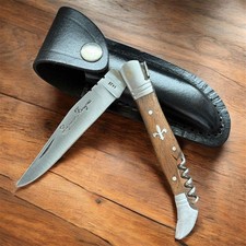 Vintage Laquiole Pocket Knife Blade Wood Handle Sheath Leather Corkscrew Men's