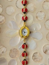 Women’s Gold Tone Watch with Dainty Red Ladybug Charm Bracelet Gift for Her