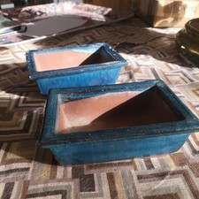 2 Pots A Bonsaï, Grès Émaillé Bleu