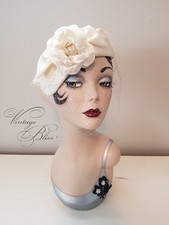 Beautiful Vintage Cream Satin Casque Style Hat w/ Rose & Blusher Veil 1940's