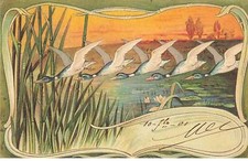 Illustrator - Art Nouveau - Flight of ducks over a pond