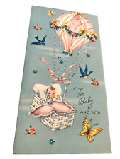 VTG Baby Shower Glitter Card Hot Air Ballon Baby In Basket WALLACE/BROWN 1930s
