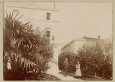 France, Cannes, family in front of a house, vintage print, ca.1890 France, cane
