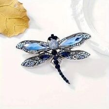 broche libellule métal argenté pierre bleu & strass cristal