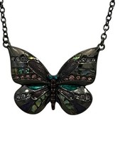 Signed Designer PIERRE LANG Necklace Black BUTTERFLY Pendant Colorful Crystals