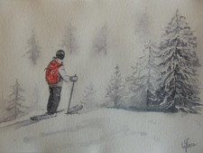 Aquarelle originale signée paysage de  montagne "Randonnée sous la neige"