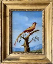 antique paintings, bird on a branch, painting on glass