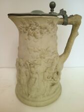 FLAMANDIAN BEER JUG GRES MAJOLICA SARREGUEMINES N° 17 DE1870 TIN COVER