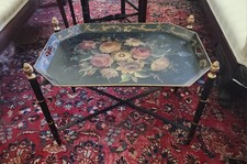 VINTAGE TOLE HAND PAINTED FLORAL METAL TRAY  WITH FOLDING STAND TABLE Folk Art
