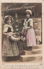 CP HEUREUSES PAQUES PETITES FILLES AVEC PANIER OEUFS CIRCE - 34930