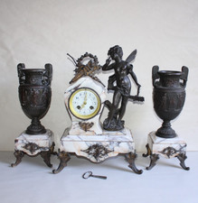 Antique marble ruler clock, cassolettes, Auguste MOREAU "badinage", Mougin