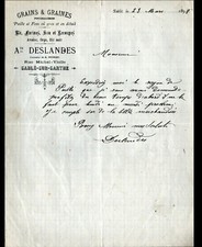 SAND-SUR-SARTHE (72) GRAINS SEEDS ""M. DEER / A. DESLANDES"" letter in 1898