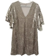 Bo Bel Mini Dress L Gray Crushed Velour Tiered Sleeve Shift V Neck Lined Fairy