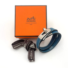 Auth Hermes Kelly Double Tour Bracelet SV □G Leather Blue W/Box BA090520