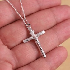 Solid 925 Sterling Silver Cross Crucifix Pendant Curb Chain Necklace Gift Boxed