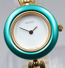 ▶[NEUF] Vintage GUCCI Change Bezel 11/12.2 Gold Metal Green Qz Watch JAPAN...