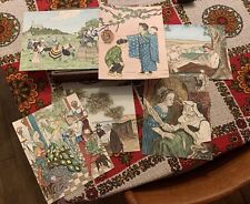 Rare Antique Toy Box Cubes Game Pyrography Wood Puzzle Images Watercolor