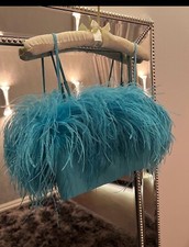 Isabella Blanche Paris feather top blouse blue turquise cami evening S-M