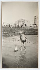 Boy Child Beach Sea Small Boat Toy - Old Photo Snapshot Knokke 1948
