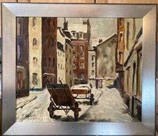 Vtg Belgian Signed Piet? Volckaert Framed Winter Cityscape Oil Painting on Panel