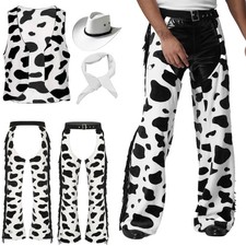 Men's Cow Print Flannel Pants Fringe Motorcycle Cowboy Chaps Cosplay Costume