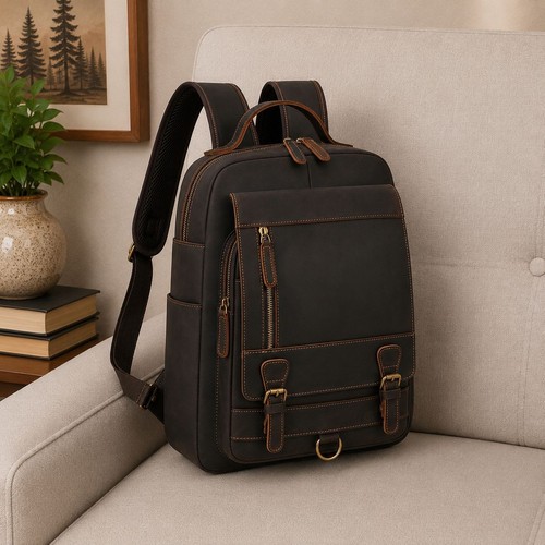 Genuine leather backpack - backpack, brown