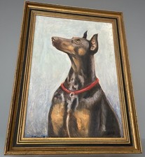 Framed Oil On Canvas 17x23 Artist Signed T. Bennett Portrait Doberman Pinscher