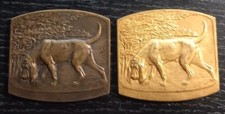 2 BRONZE HUNTING AWARD MEDALS, SAINT HUBERT, DOG MEDAL, SOCIETE ROYAL