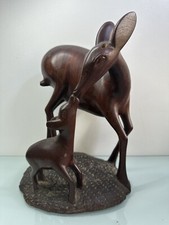African Sculpture Antique Wood A Deer And Its Faon Handmade Careful Work