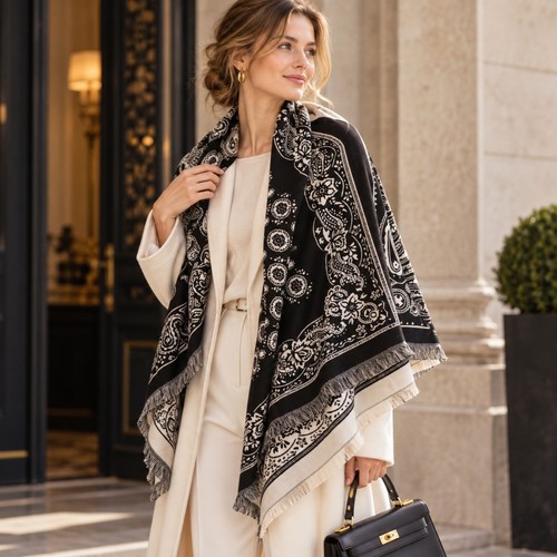 Grand châle femme noir ivoire - grand,