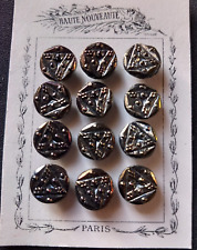 12 OLD GLASS BUTTONS ON CARD HABERDASHERY ANTIQUE DIAMETER 1.1 CM EARLY 1900