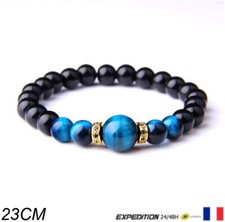 Bracelet perle oeil de tigre bleu Johnny Hallyday "Rester Vivant" doré - 23 cm